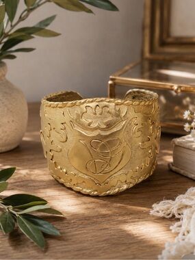 VALENTINO Garavani Vintage Monogrammed Crest Gold Plated Runway Cuff Bracelet